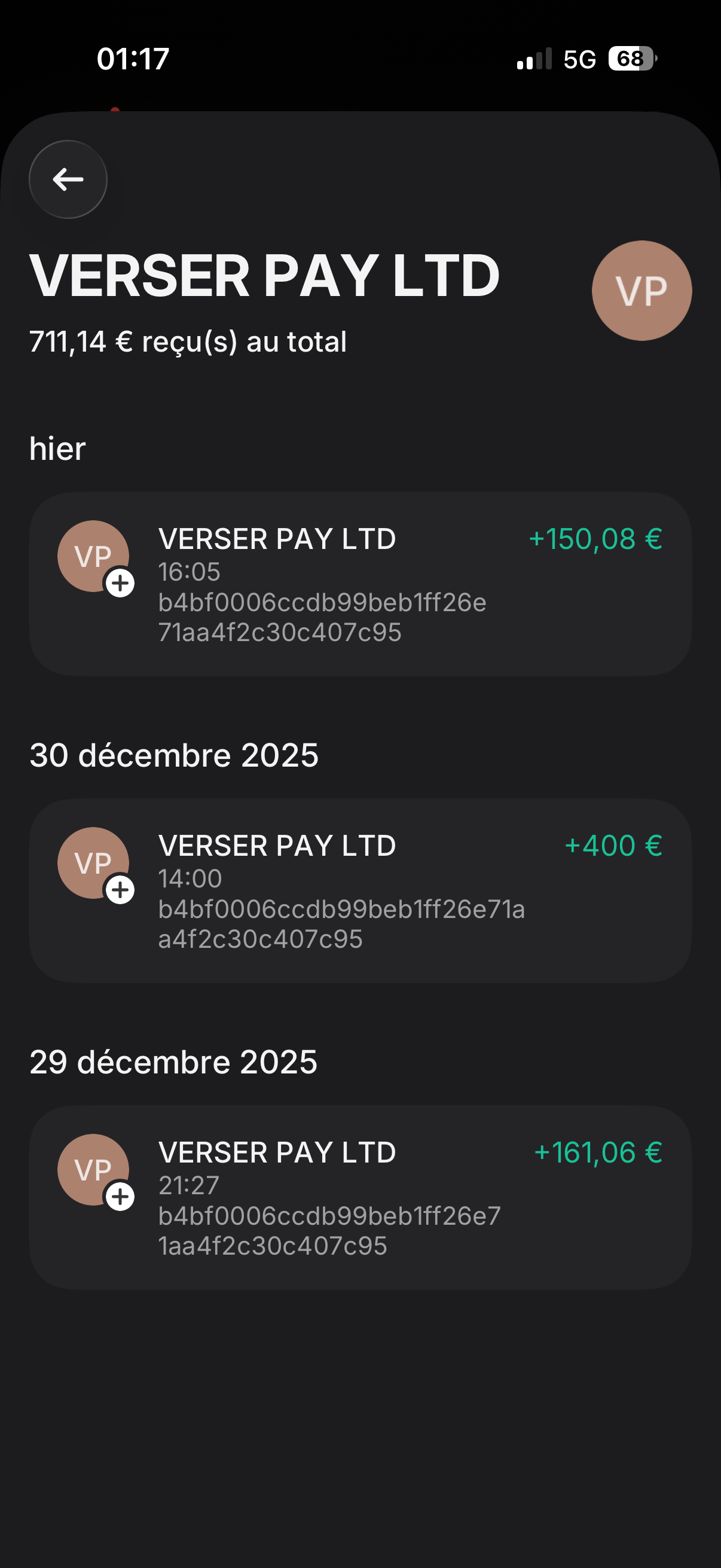Autre capture de virements reçus